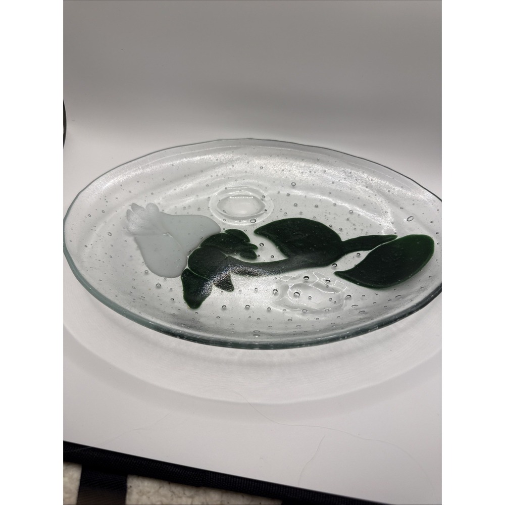 Clayton Marcus Fused Glass White Rose Oval Shaped Tray Plate  Bowl 12.5"